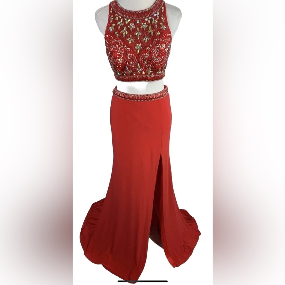 Sherri Hill Red Two-Piece 
Beaded Prom Gown-Size 6 - Picture 2 of 15